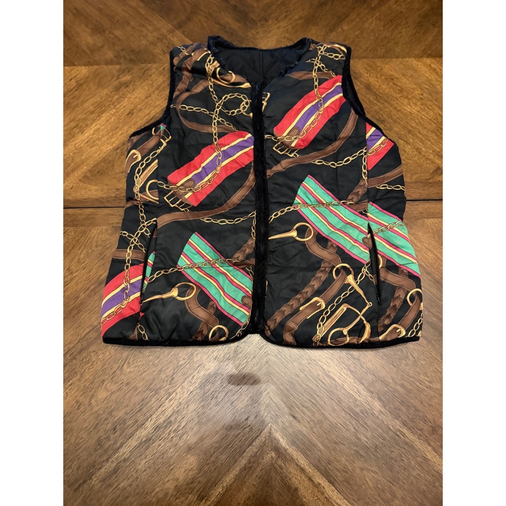 Ralph Lauren Reversible Quilted Vest Black Crest Equestrian Chain Print Small